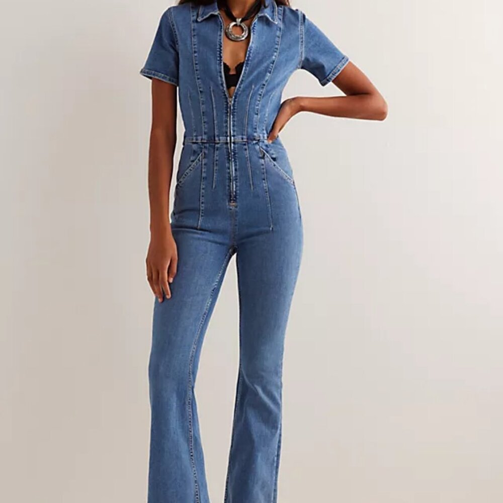 Free People Blue Denim Short-Sleeve Zip Jumpsuit